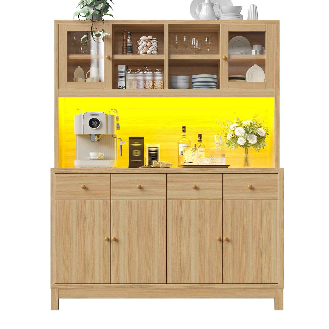 Wooden tall kitchen hutch cabinet with RGB LED, glass doors, 4 drawers 140x38.5x180cm QUADTRUNK