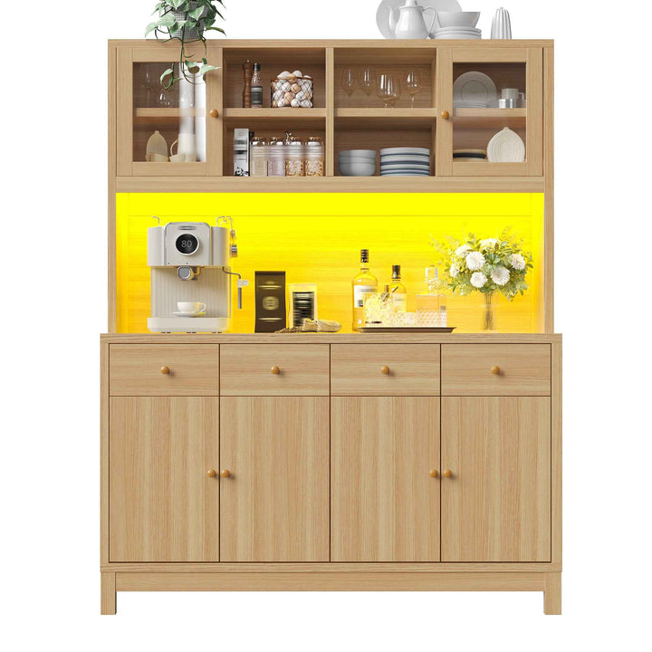 Wooden tall kitchen hutch cabinet with RGB LED, glass doors, 4 drawers 140x38.5x180cm QUADTRUNK