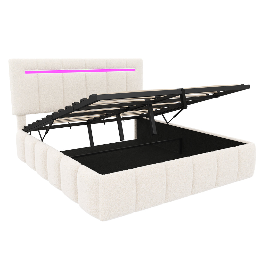 Upholstered beige boucle divan double bed with storage LED lights 135x190cm MAGMASWELL UK