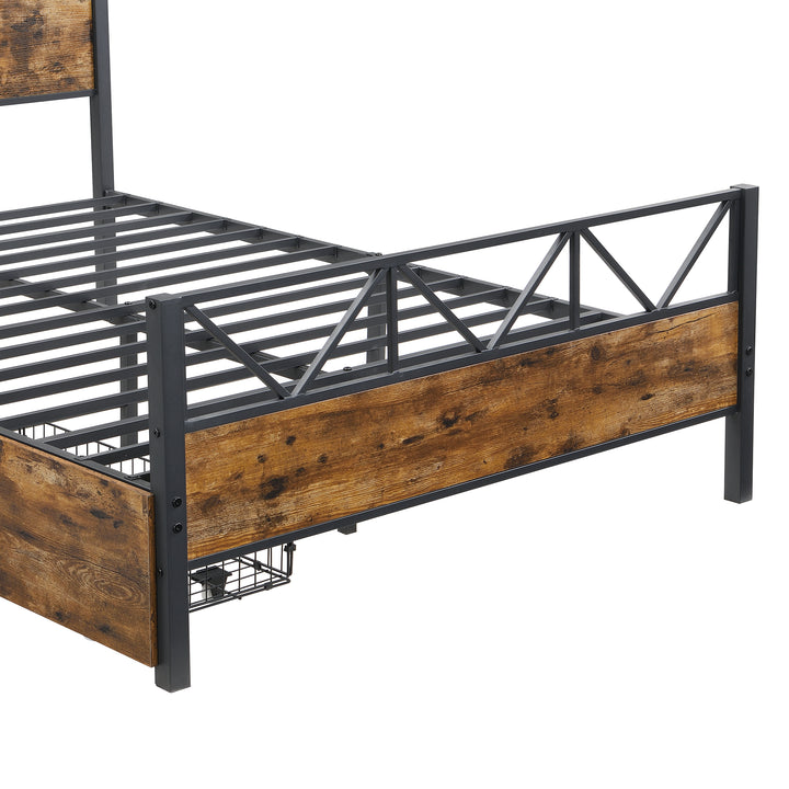 Industrial style double bed frame black wood with 2 storage drawers 135x190cm ELEMENTALIS