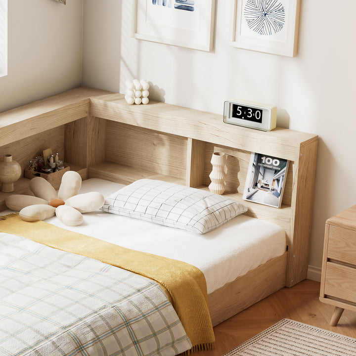 Oak storage single bed with storage shelves, daybed 90x190cm AIRGLOW UK