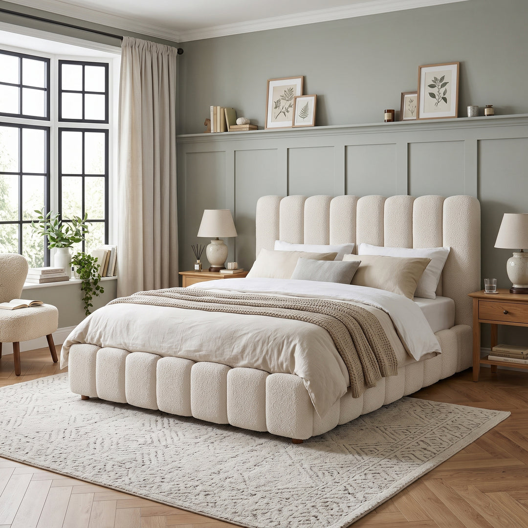 White Bouclé Super King Ottoman Bed & with Storage & Padded Headboard 180x200cm WOODROOM