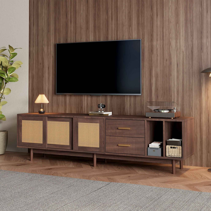 TV stand dark wood vintage look with rattan sliding doors & 2 drawers  INFINITERIF
