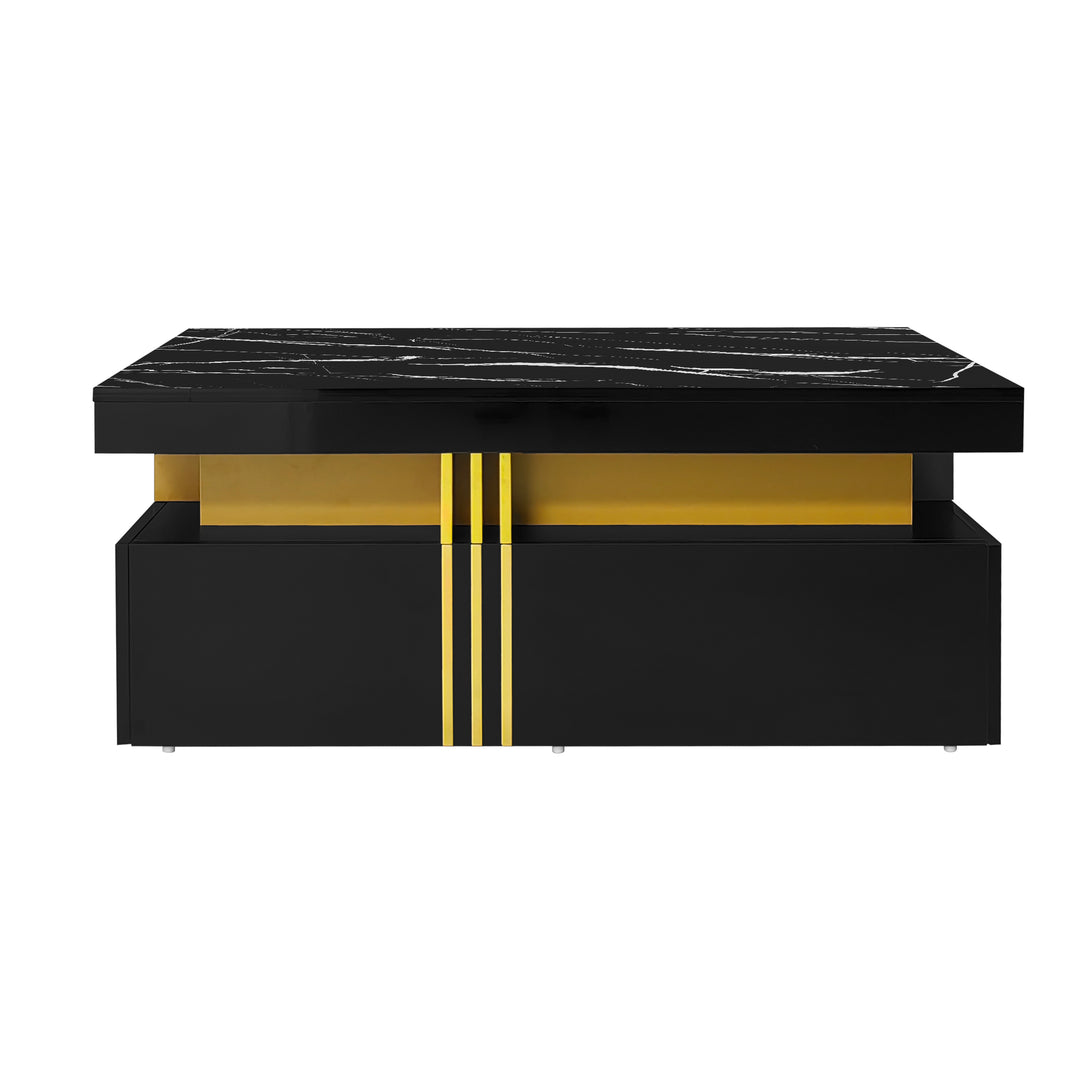 Modern black coffee table with marble-pattern top golden accents LEDGER