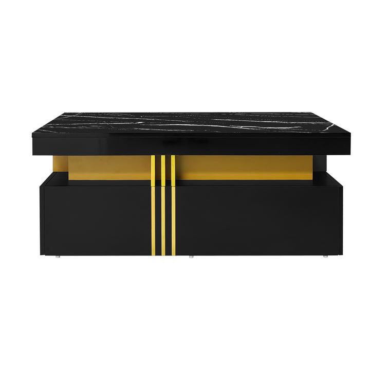 Modern black coffee table with marble-pattern top golden accents LEDGER
