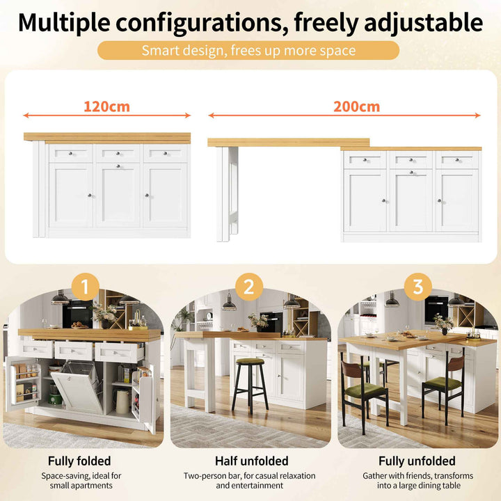 Extendable Bar Table with Storage, White MDF, 120–200cm, Space-Saving Fold-Out Dining Table with Drawer, Snack Tray & Pull-Out Bin Holder for Small Flats, Kitchens, Balconies