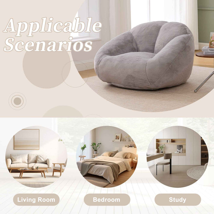 Lazy chair shell shaped sofa light grey faux fur, memory foam bean bag chair removable cover