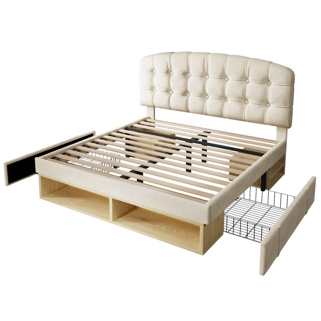 Double Bed Frame with Storage Drawers Velvet Upholstered, 135x190cm, Beige, No Mattress BEDRESIN