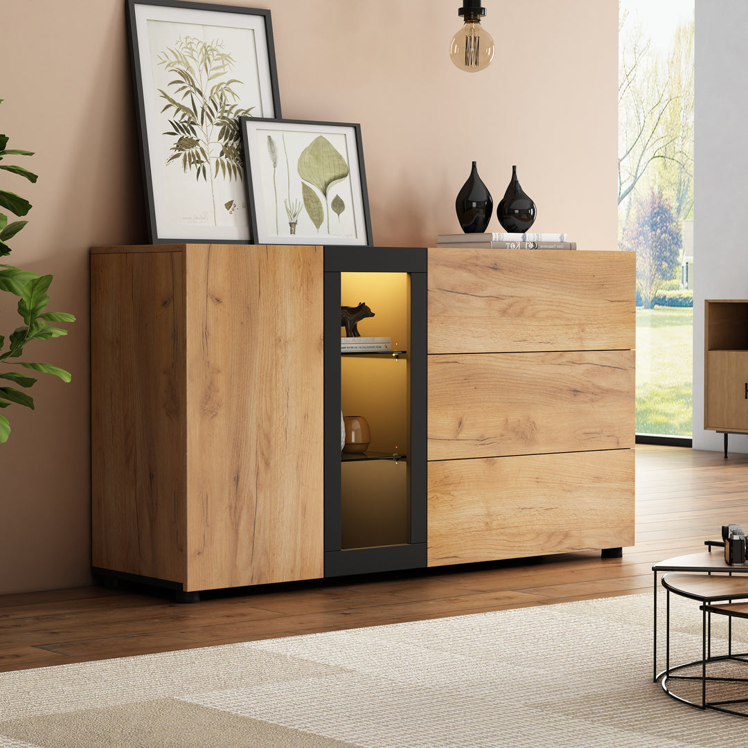 Wooden and Black Sideboard Cabinet with 3 Drawers, Glass Shelves and LED Lights 140 cm TRISHELF