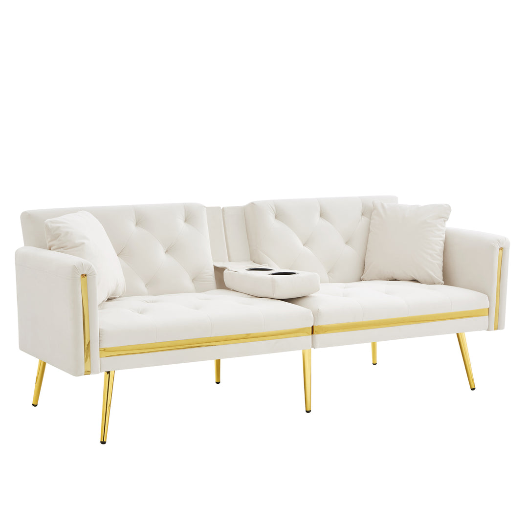 Beige velvet tufted 2-seater sofa bed with gold legs hidden fold-down cup holder COTTONPUFF