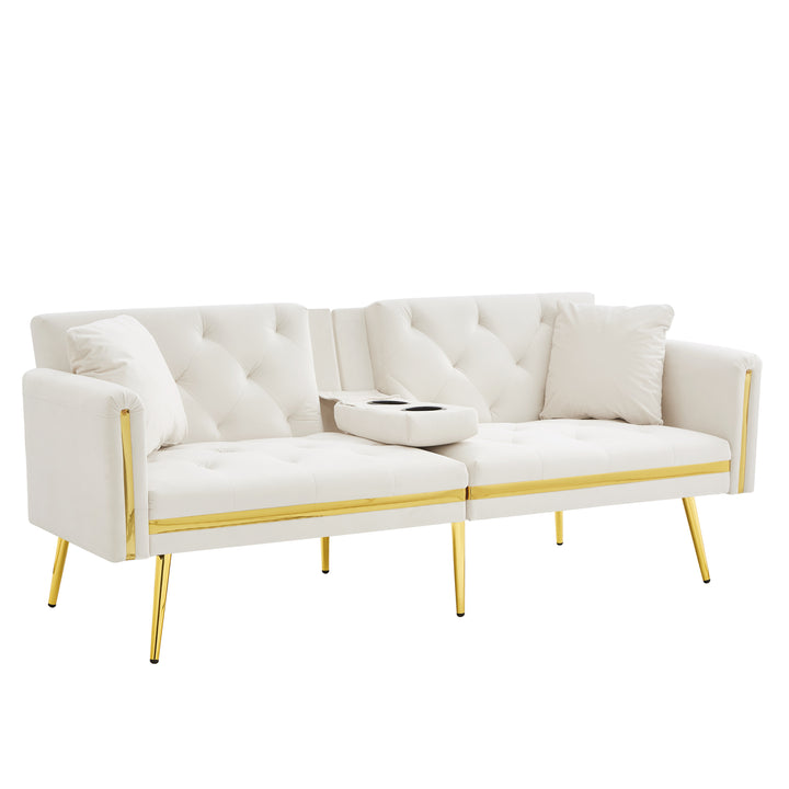 Beige velvet tufted 2-seater sofa bed with gold legs hidden fold-down cup holder COTTONPUFF