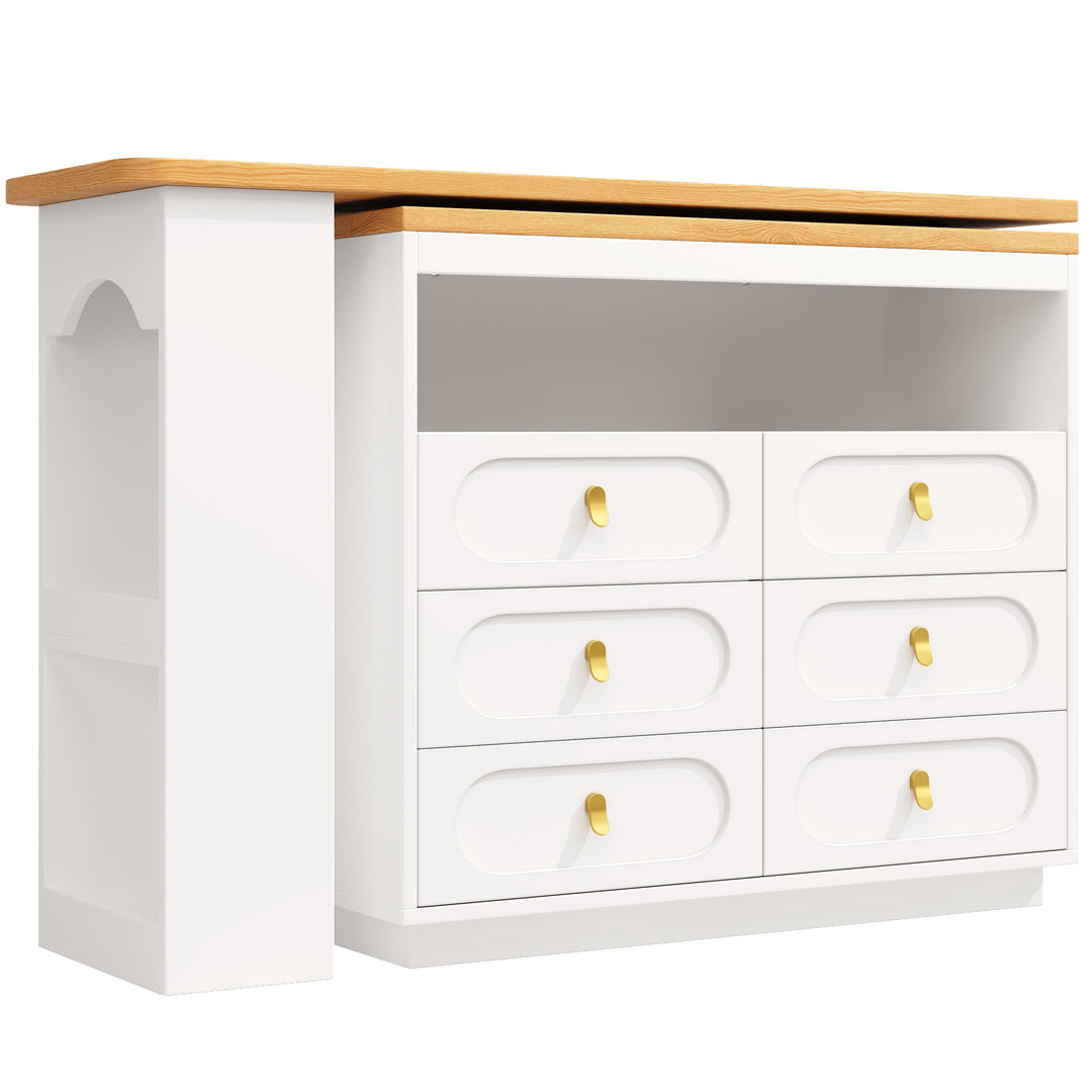 White 360° rotating extendable bar table with 6-drawer storage SYCAMOREBALL