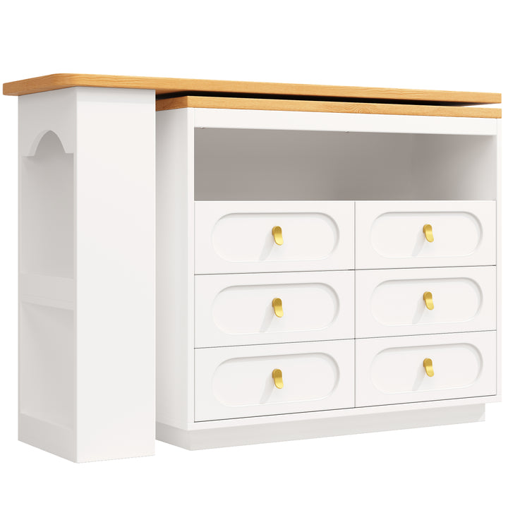 White 360° rotating extendable bar table with 6-drawer storage SYCAMOREBALL