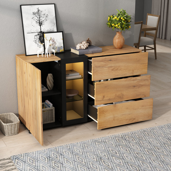 Wooden and Black Sideboard Cabinet with 3 Drawers, Glass Shelves and LED Lights 140 cm TRISHELF