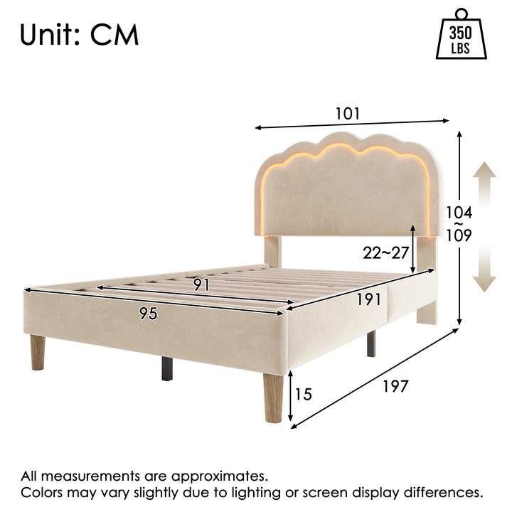 Beige velvet upholstered divan bed frame with LED, headboard height adjustable INDROX BEIGE UK