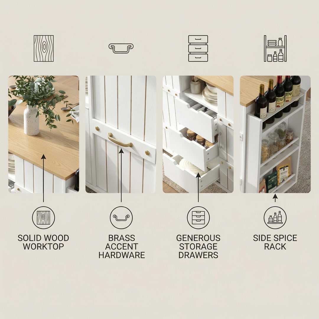 White wooden kitchen island trolley with sliding doors and fold-out worktop ASCENDAL