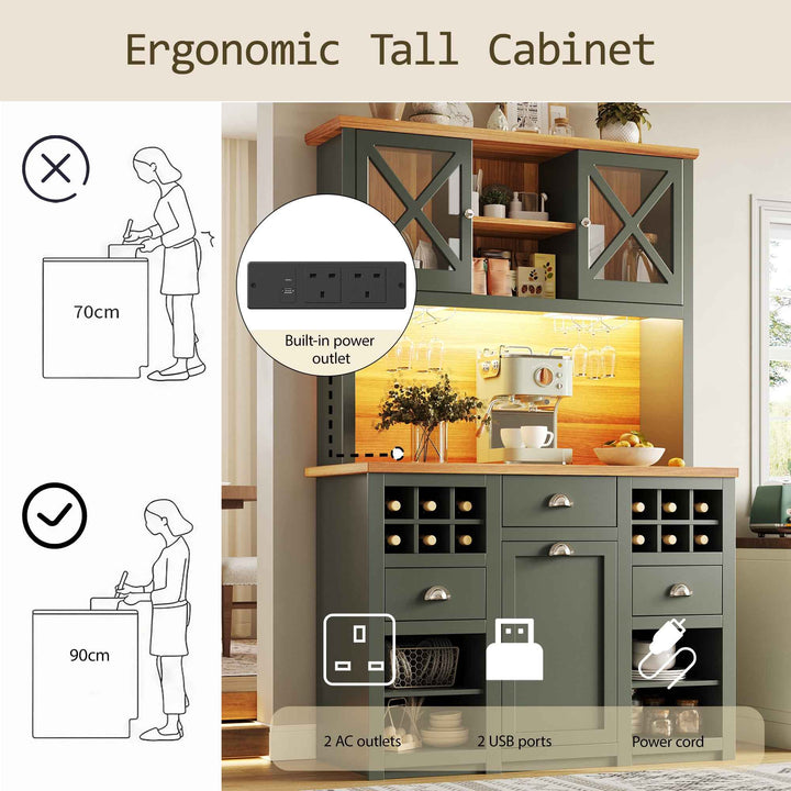 Kitchen hutche green cabinet glass doors LED lighting, wine rack, adjustable shelves