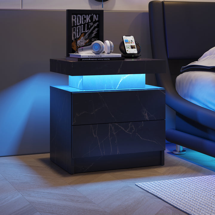 Black marble-look nightstand LED bedside table cabinet with 2 drawers FROSTWORK