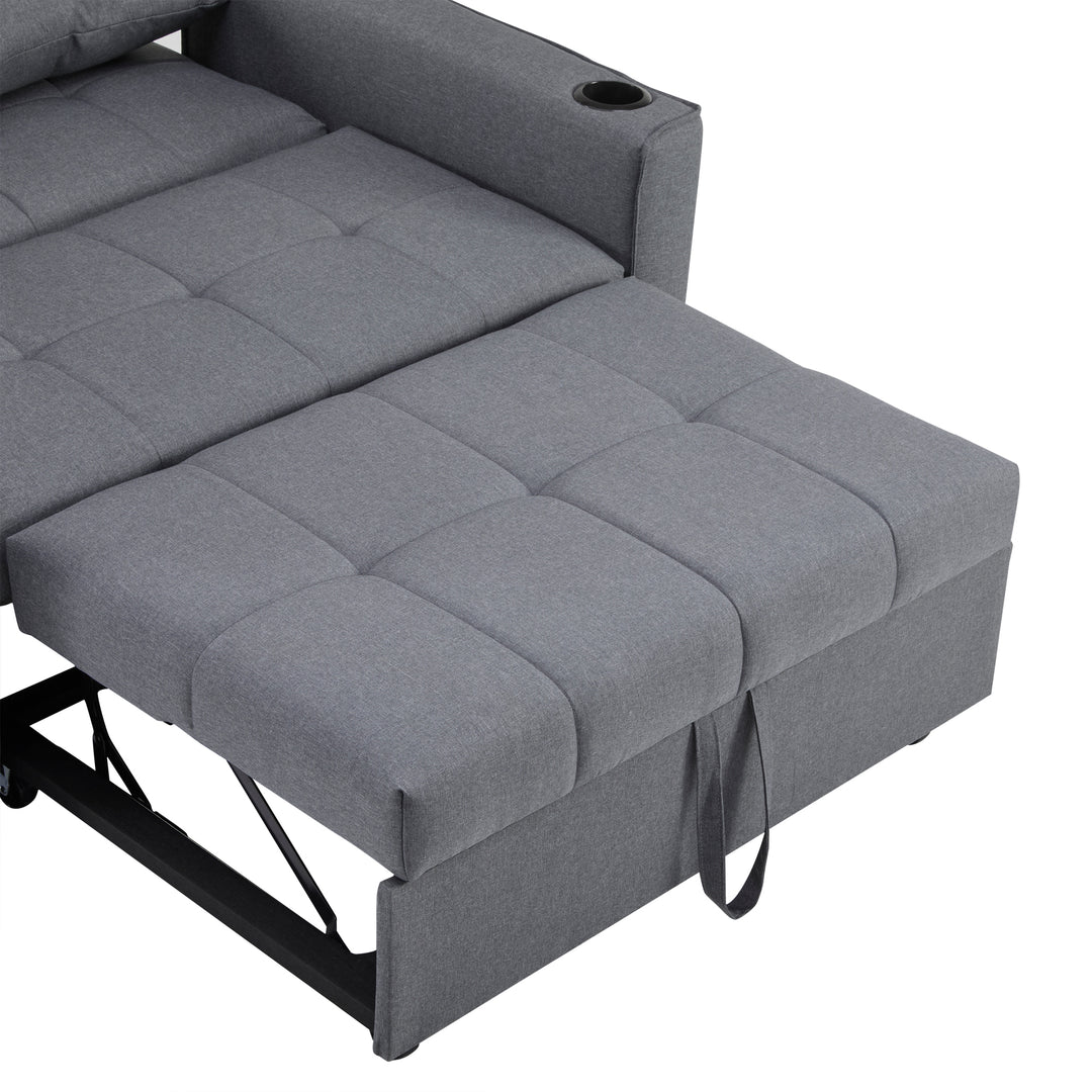 Gray fabric convertible 2-seater sofa bed pull-out design, adjustable backrest, and storage FROSTSTONE