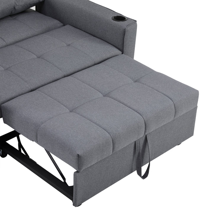 Gray fabric convertible 2-seater sofa bed pull-out design, adjustable backrest, and storage FROSTSTONE