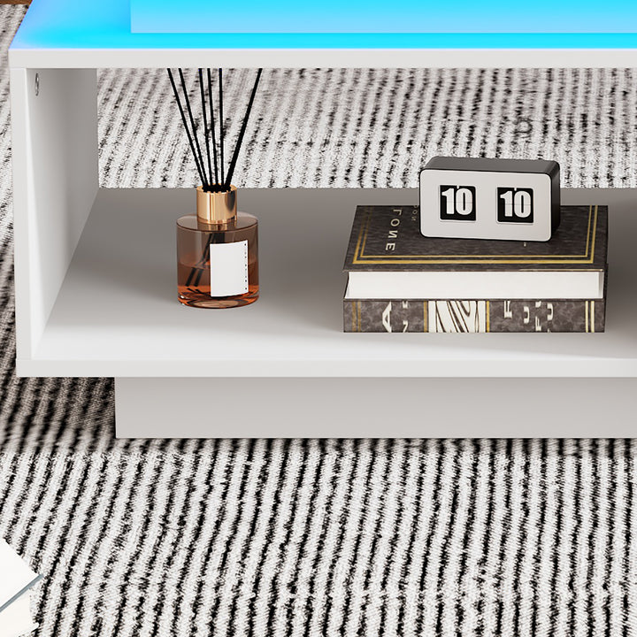 White high gloss coffee table with LED lights and storage 100 x 50 x 40 cm MAGNETOTAIL UK