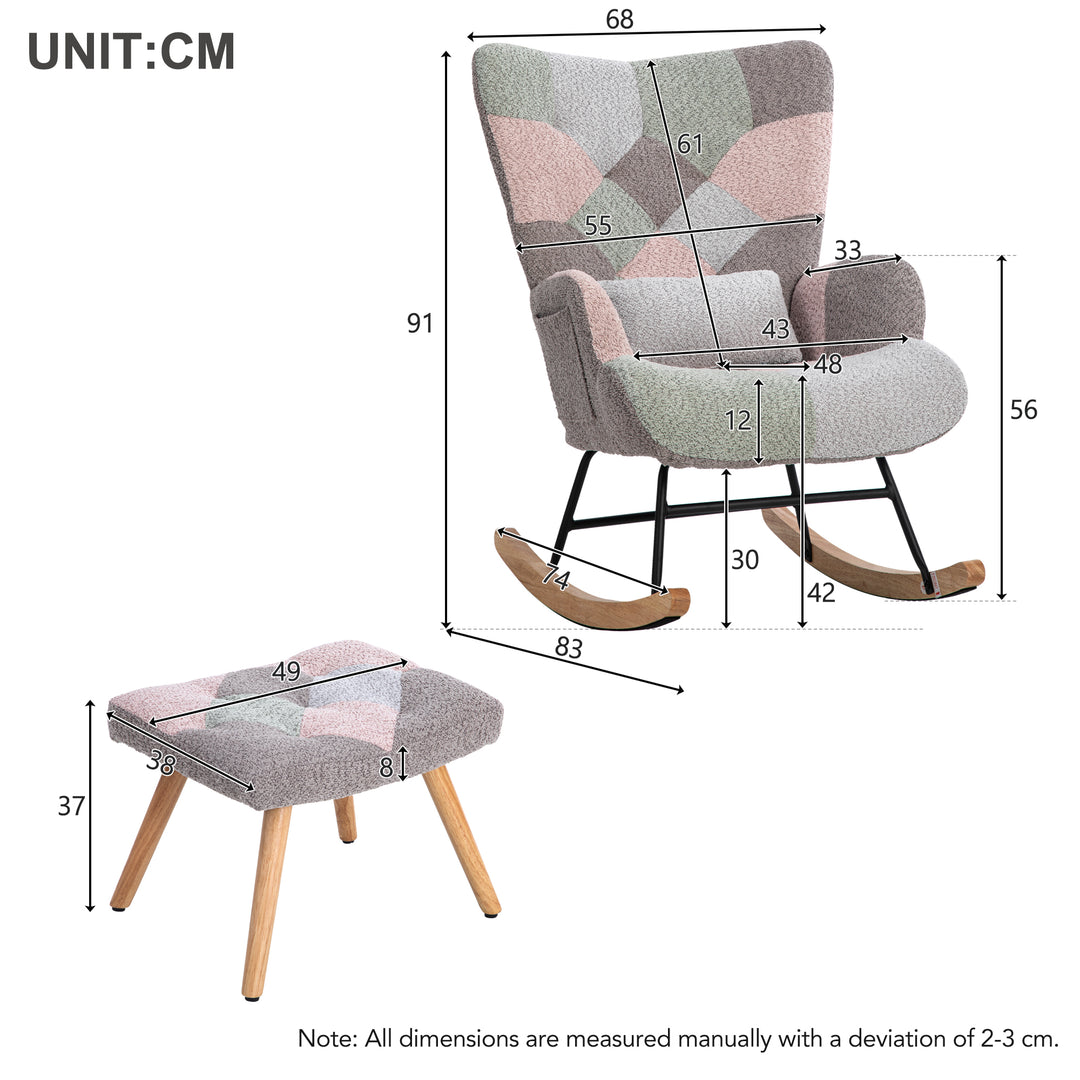 Patchwork rocking chair with footstool, bouclé fabric accent chair with wooden legs and cushion RECTRIX