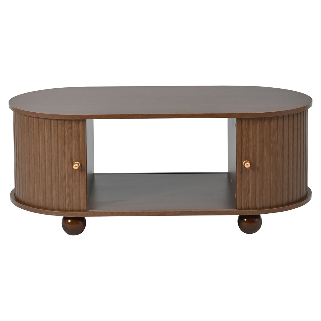 Retro wooden look oval coffee table with 2 sliding storage doors CUNEIFORMWEDGE