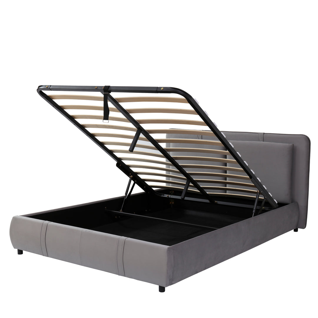 Upholstered velvet grey, hydraulic ottoman double bed with storage function 135×190cm KELPFROND