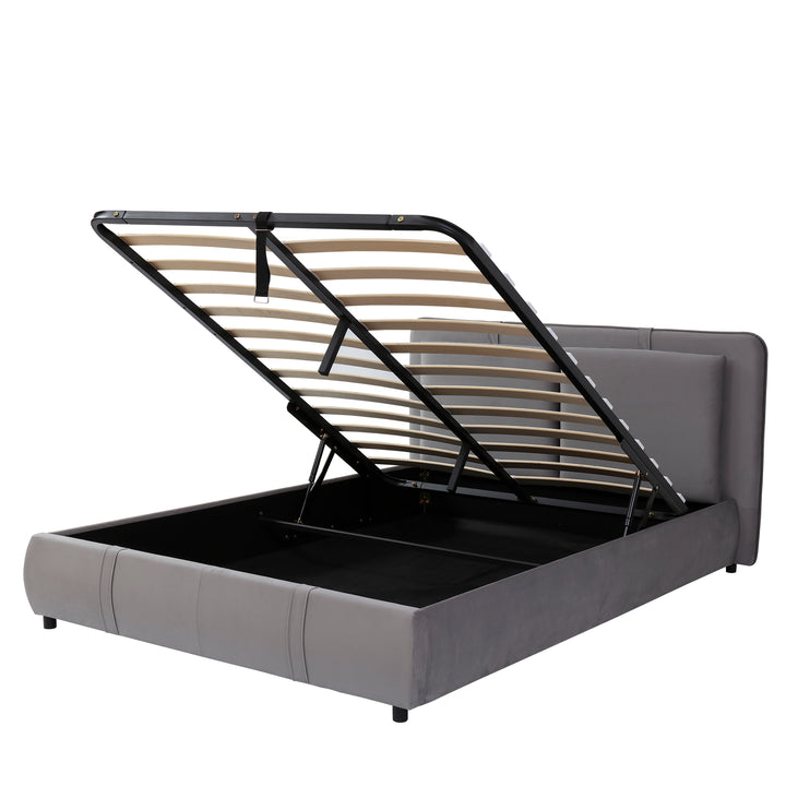 Upholstered velvet grey, hydraulic ottoman double bed with storage function 135×190cm KELPFROND