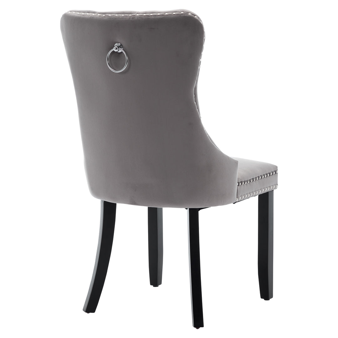 Set of 4 dining chairs velvet grey tufted with solid wood legs, nailheads and back chrome ring NOBLEE