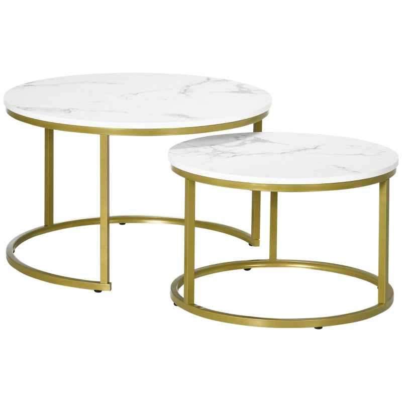 Coffee Table Set of 2, Round Nesting Tables, Faux Marble Top, Metal Frame, White, Modern Living Room Space-Saving Design