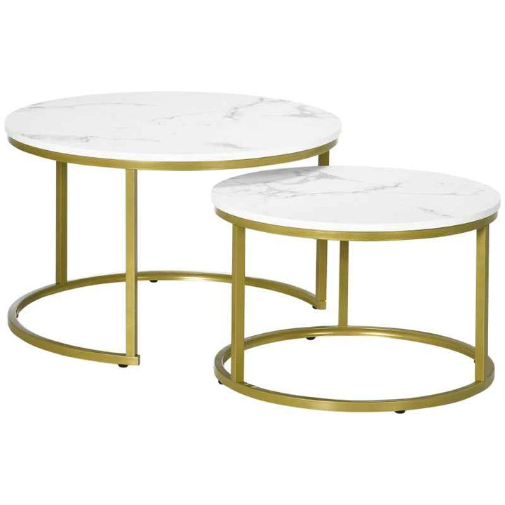 Coffee Table Set of 2, Round Nesting Tables, Faux Marble Top, Metal Frame, White, Modern Living Room Space-Saving Design