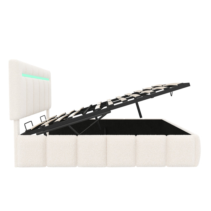 Upholstered beige boucle divan double bed with storage LED lights 135x190cm MAGMASWELL UK