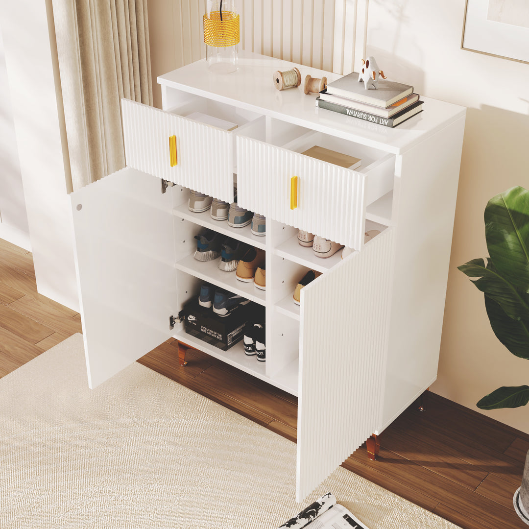 White shoe cabinet with textured panels and golden legs FERNCREST UK