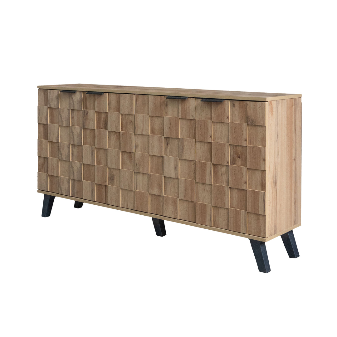 Vintage sideboard textured oak look 3D square front 4 doors and adjustable shelves 150×35×78cm LYSOGEN