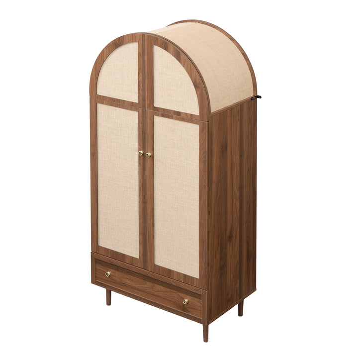 Vintage wardrobe with beige fabric doors, drawer & wooden legs ESTUARYCAY