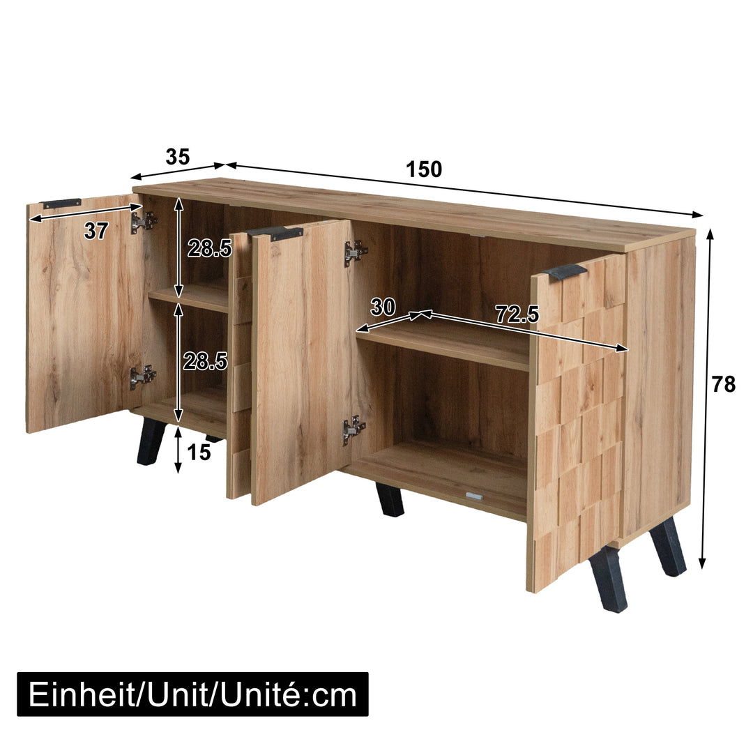 Vintage sideboard textured oak look 3D square front 4 doors and adjustable shelves 150×35×78cm LYSOGEN