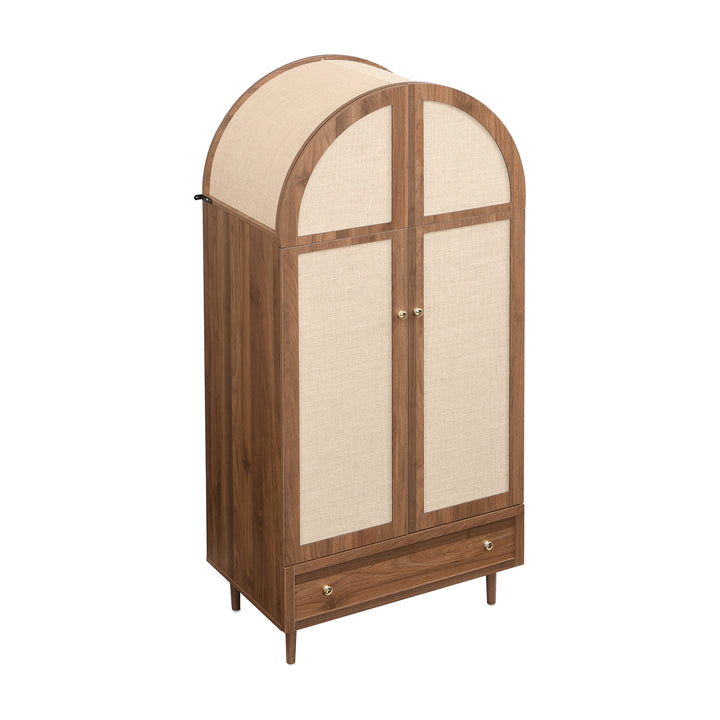 Vintage wardrobe with beige fabric doors, drawer & wooden legs ESTUARYCAY