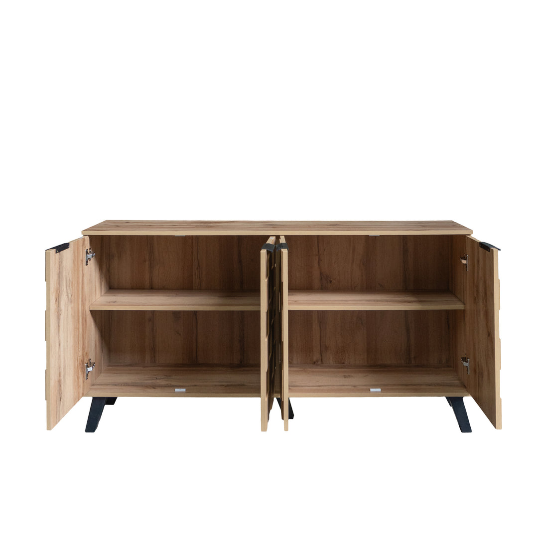 Vintage sideboard textured oak look 3D square front 4 doors and adjustable shelves 150×35×78cm LYSOGEN