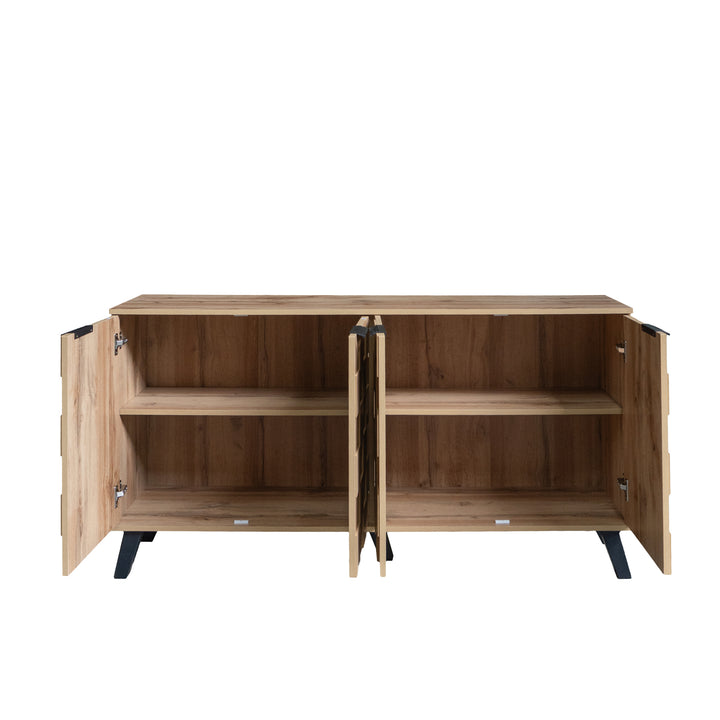Vintage sideboard textured oak look 3D square front 4 doors and adjustable shelves 150×35×78cm LYSOGEN