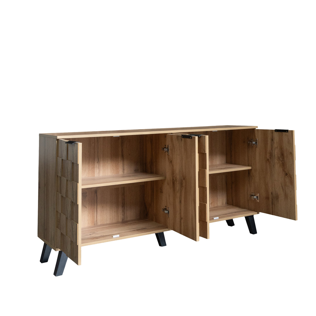 Vintage sideboard textured oak look 3D square front 4 doors and adjustable shelves 150×35×78cm LYSOGEN
