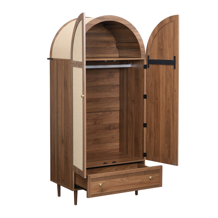 Vintage wardrobe with beige fabric doors, drawer & wooden legs ESTUARYCAY