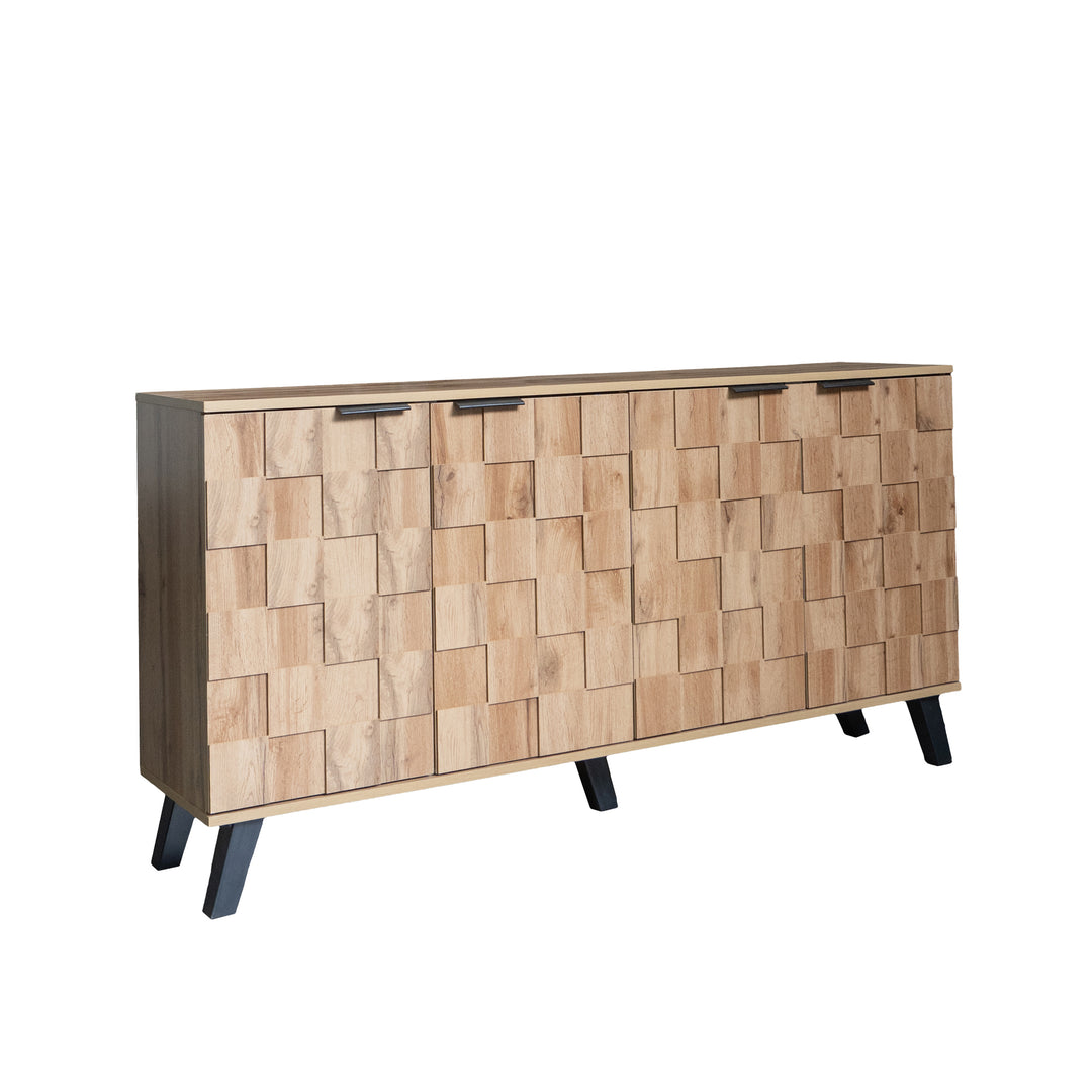Vintage sideboard textured oak look 3D square front 4 doors and adjustable shelves 150×35×78cm LYSOGEN