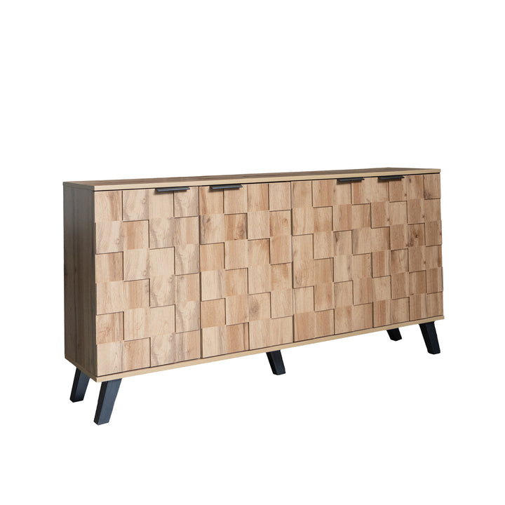 Vintage sideboard textured oak look 3D square front 4 doors and adjustable shelves 150×35×78cm LYSOGEN