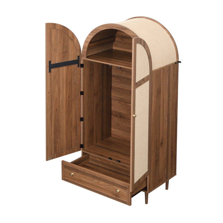 Vintage wardrobe with beige fabric doors, drawer & wooden legs ESTUARYCAY