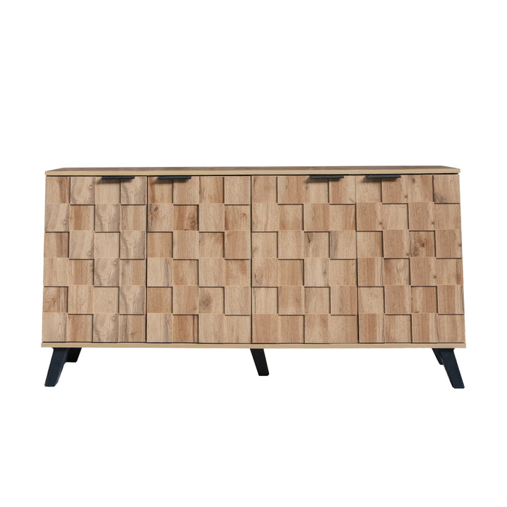 Vintage sideboard textured oak look 3D square front 4 doors and adjustable shelves 150×35×78cm LYSOGEN