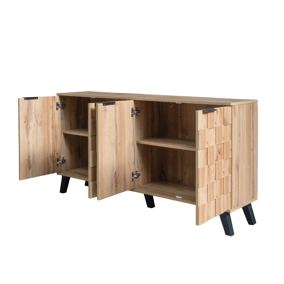 Vintage sideboard textured oak look 3D square front 4 doors and adjustable shelves 150×35×78cm LYSOGEN