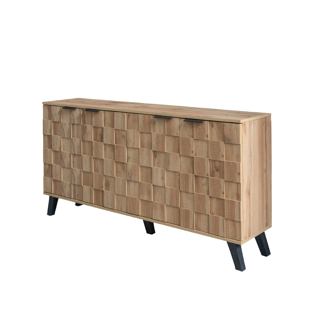 Vintage sideboard textured oak look 3D square front 4 doors and adjustable shelves 150×35×78cm LYSOGEN