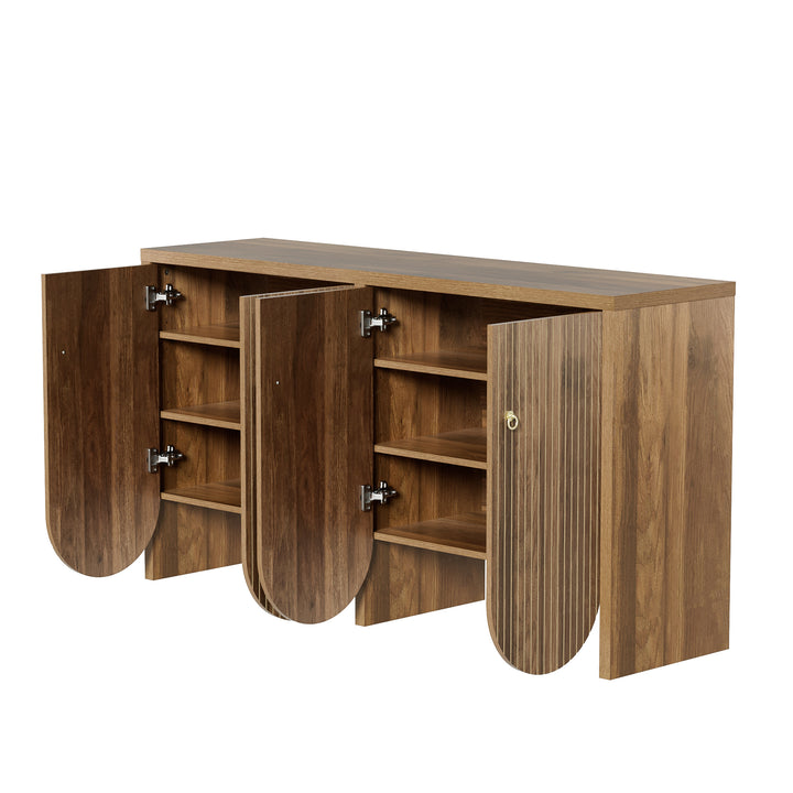 Vintage walnut look sideboard textured pattern with arched cutouts 4 doors 147×40×80cm LUNOVA