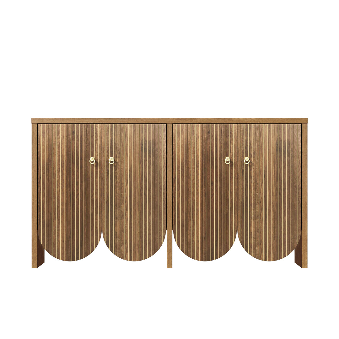 Vintage walnut look sideboard textured pattern with arched cutouts 4 doors 147×40×80cm LUNOVA